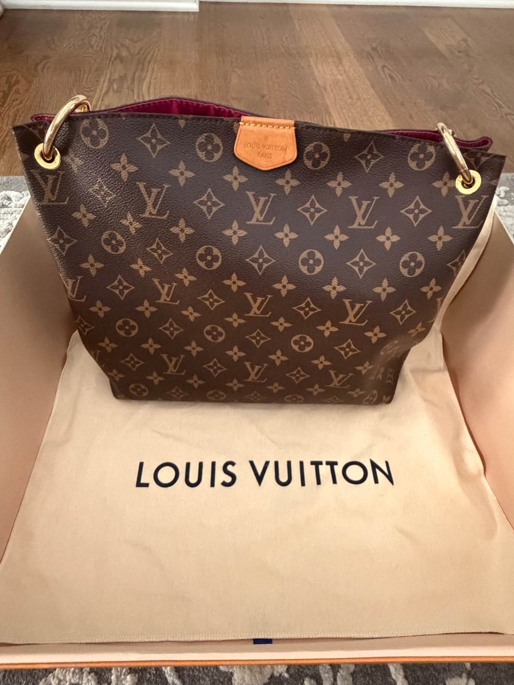 Louis Vuitton Monogram Canvas Tote with Burgundy Interior and Tan Trim